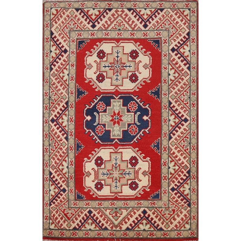 Geometric Kazak Foyer Rug Handmade Red Traditional Wool Carpet - 2'8"x 4'2"