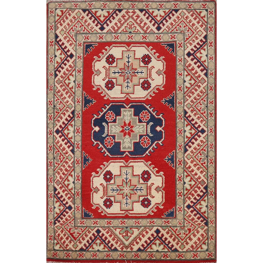 Geometric Kazak Foyer Rug Handmade Red Traditional Wool Carpet - 2'8"x 4'2"