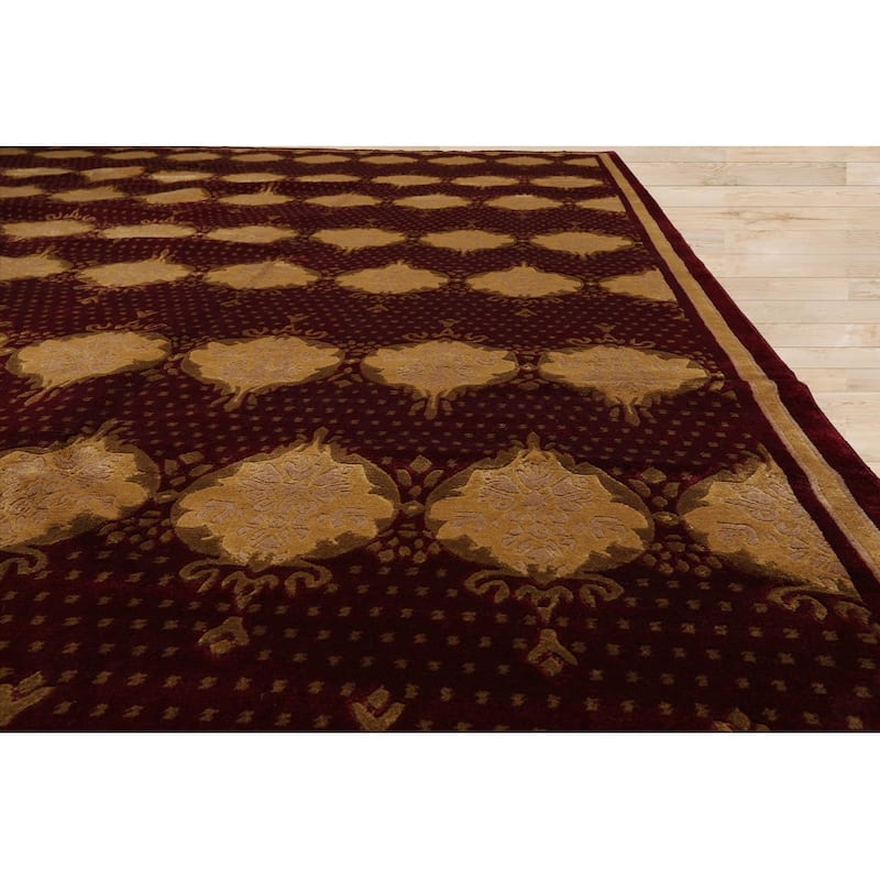 Hand Knotted Burgundy Savonnerie Wool Traditional Oriental Area Rug - 9' x 12'