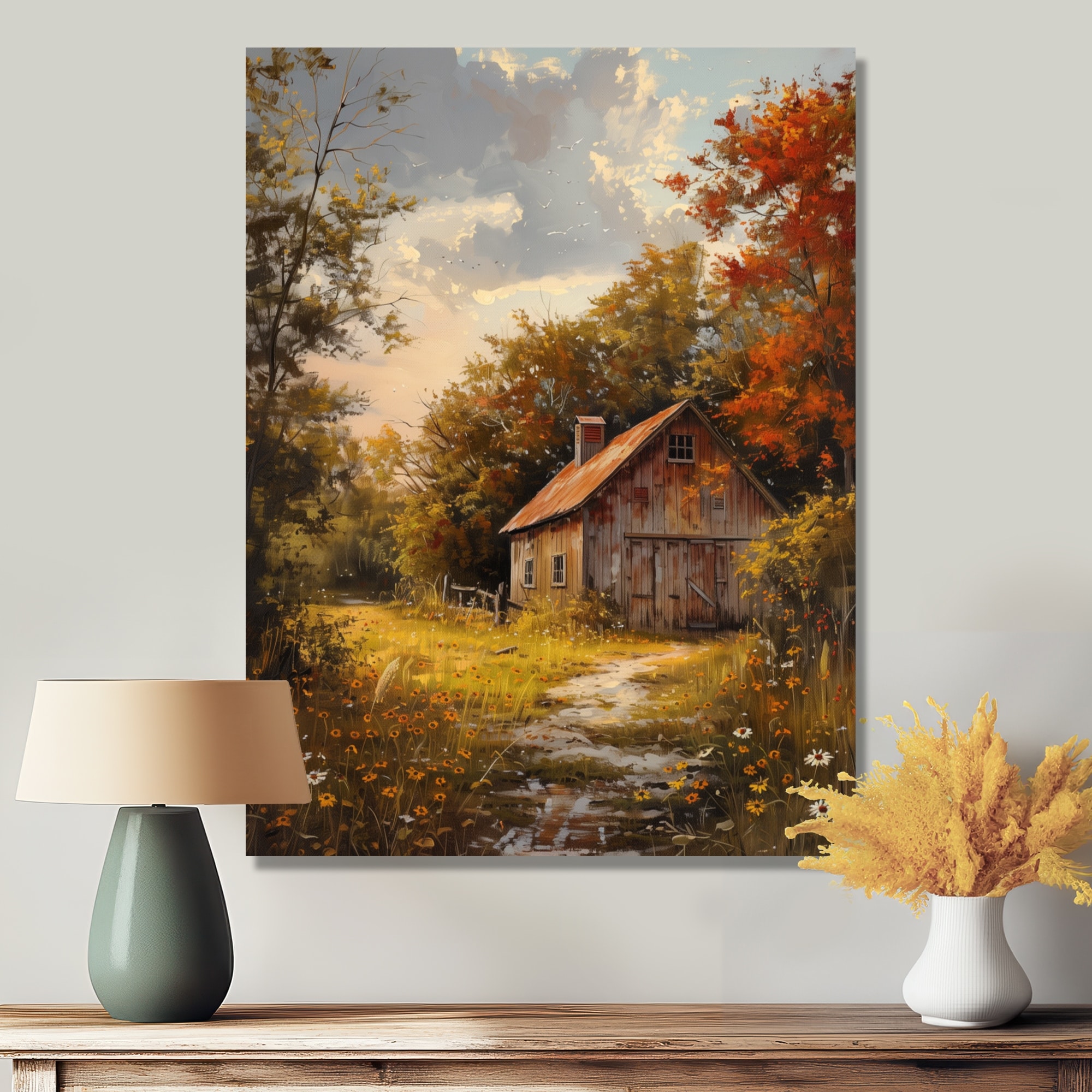 Designart "Brown Autumn Barn Rustic Charm I" Barn Canvas Wall Art - Traditional Wall Decor Art Blue Wall Art Print