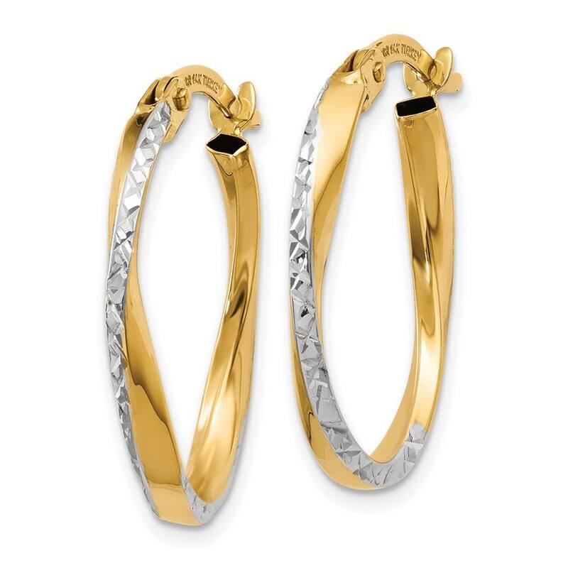 Curata 10k Yellow Gold White Rhodium Textured and Polished Oval Hoop Earrings - 17x2mm