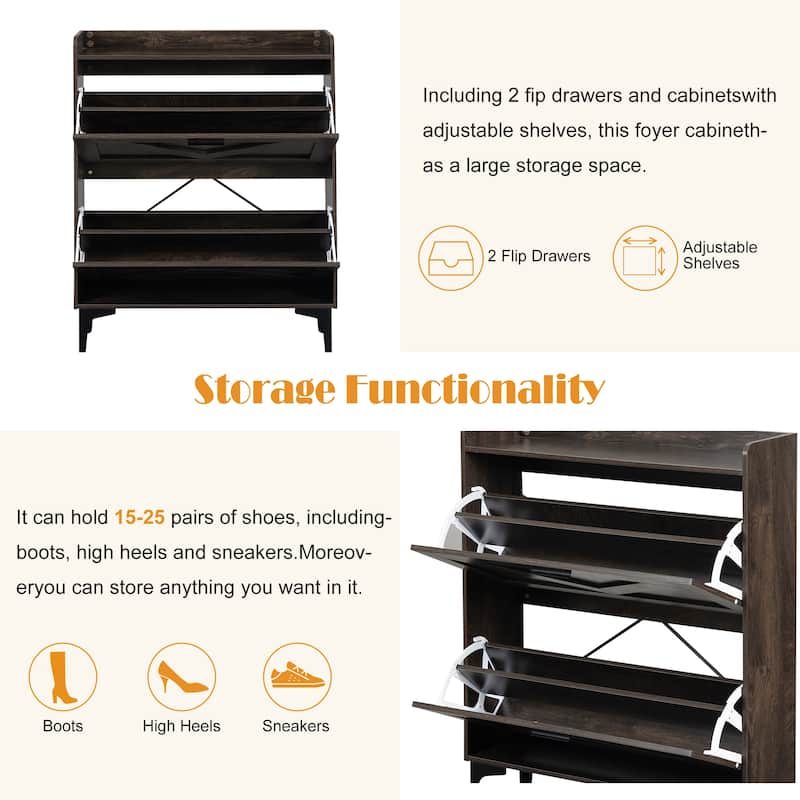 Shoe Cabinet with 2 Flip Drawers& Open Shelves,Modern Entryway Shoe Storage