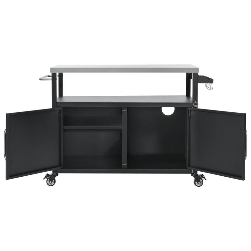 Metal Kitchen Island with Stainless Steel Tabletop, Rolling Spice Storage Cabinet w/Towel Rack and 4 Lockable Wheels for Kitchen