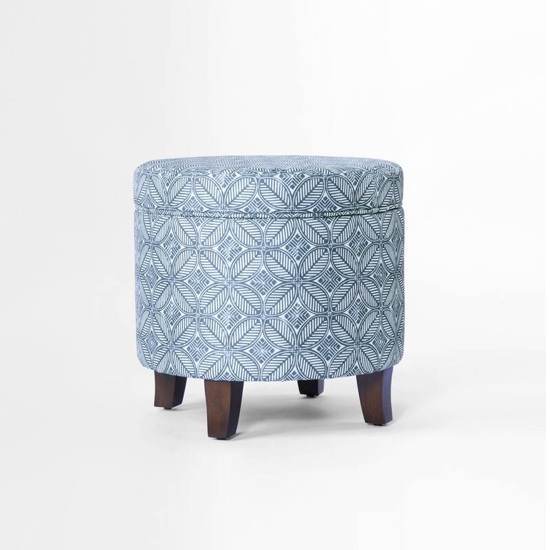 Loni 19 Inch Round Storage Ottoman in Indigo Blue Pattern & Walnut Brown