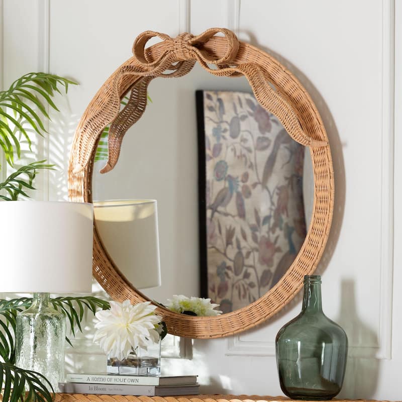 Creusa Natural Rattan Wall Mirror - Handwoven Rattan Mirror with Bow Accent, Boho Coastal Style - Honey - Round