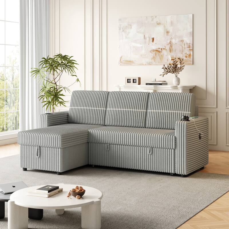 3-Seater Sleeper Sofa Bed with Corduroy Fabric, Storage Chaise, USB Charger, and Cup Holders - Light Grey