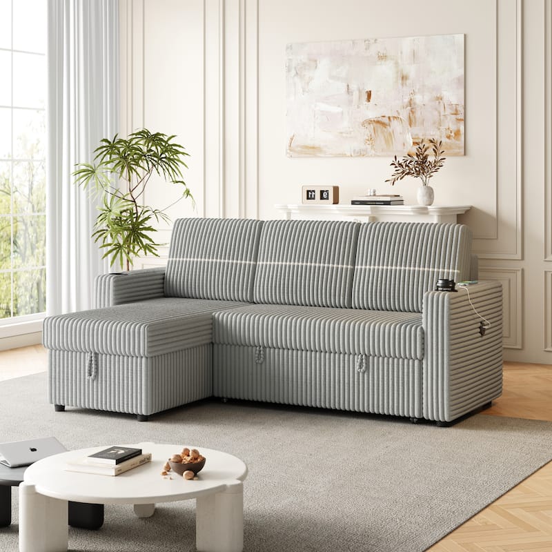 Light Gray Corduroy Sofa Bed, 3-Seater Sleeper with Storage Chaise, USB Port - Left Facing - Light Gray