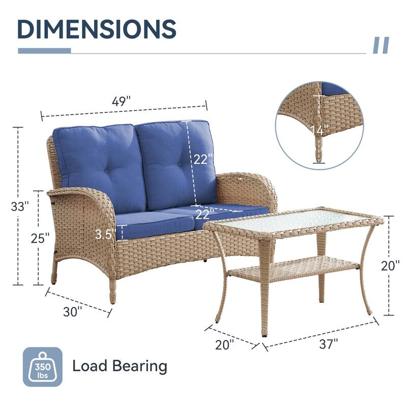 Gymojoy Outdoor Wicker Loveseat with Coffee Table and Outdoor Cushions