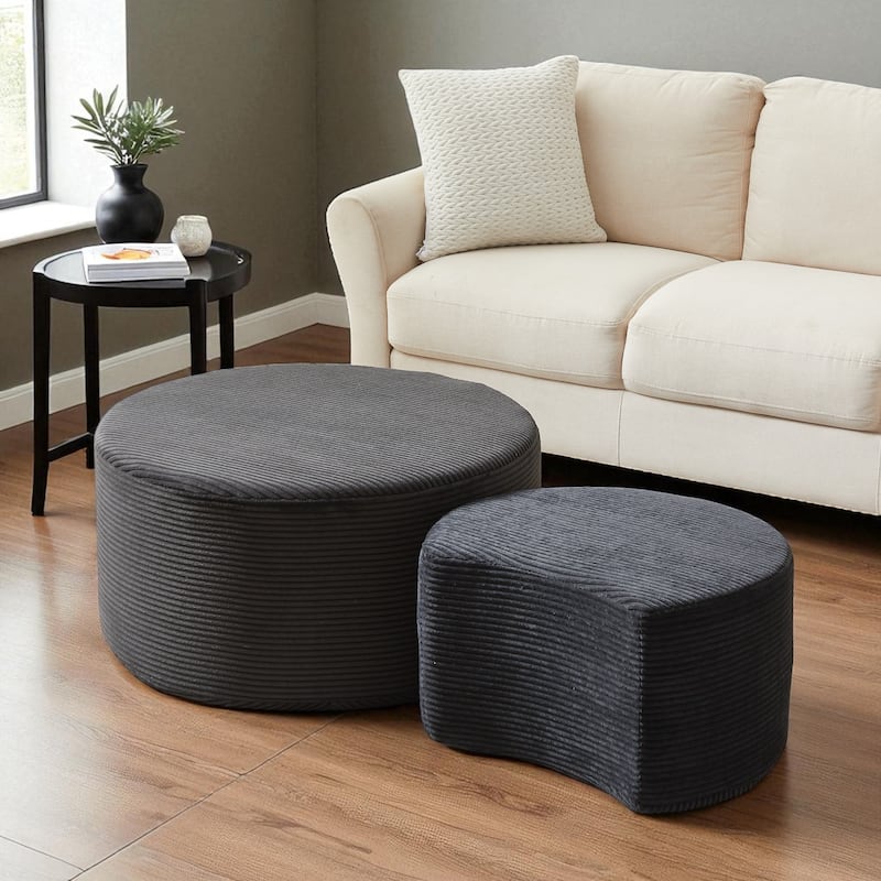 Set of 2 Round Nesting Coffee Tables, Upholstered Corduroy Ottoman Accent Tables, Modern Foam Design, No Assembly - Black