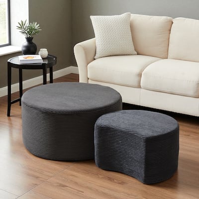 Set of 2 Round Nesting Coffee Tables, Upholstered Corduroy Ottoman Accent Tables, Modern Foam Design, No Assembly