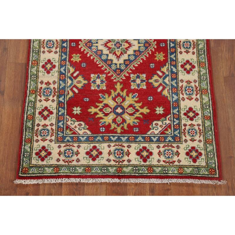 Red Geometric Kazak Foyer Rug Handmade Traditional Wool Carpet - 2'10" x 4'1"