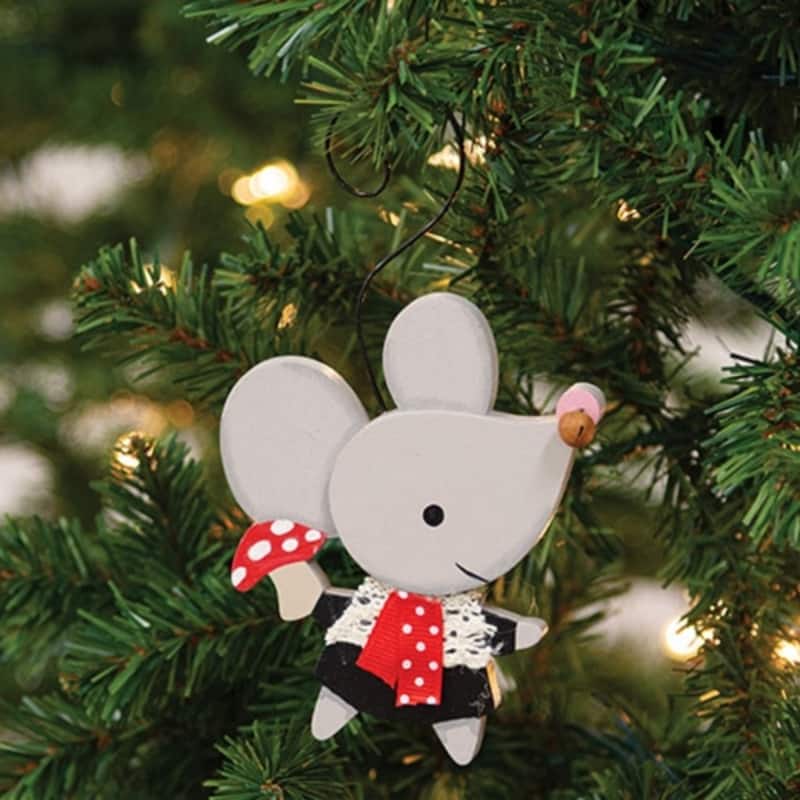 Grey Wooden Mouse Ornament with Mushroom Layered Design and Jingle Bell Holiday Decor - 6" H x 3.25" W x .5" D