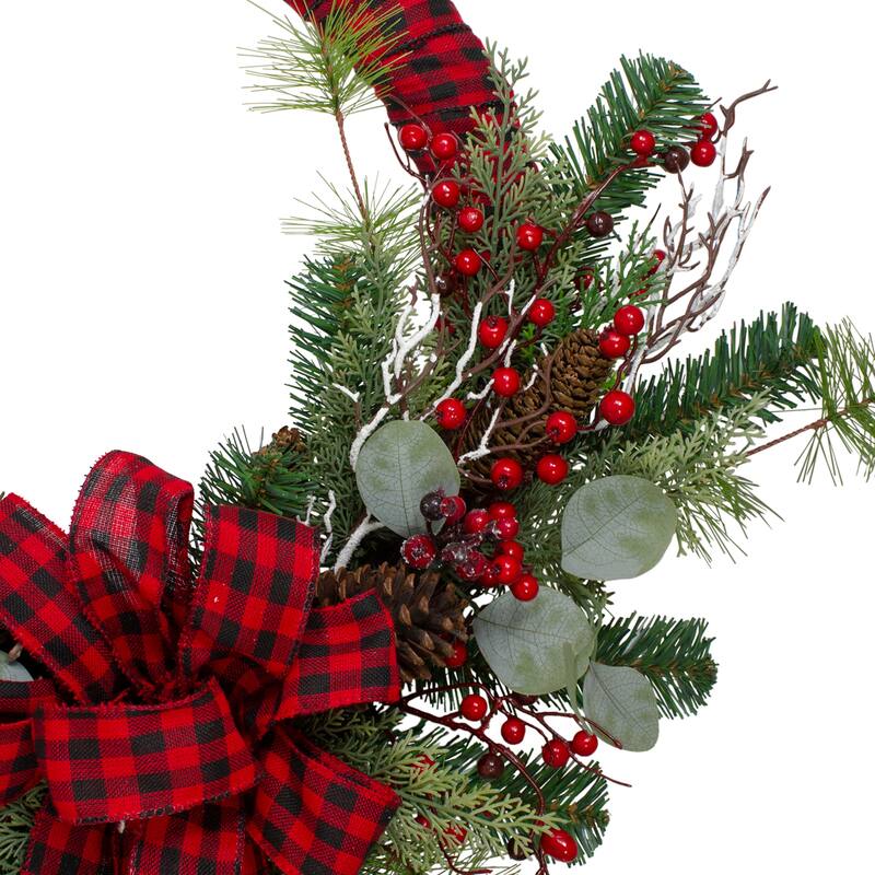 Red Black Buffalo Plaid Berry Artificial Christmas Wreath - 24", Unlit