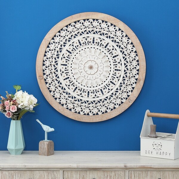 Distressed White Wood Flower Mandala Natural Wood 25.4
