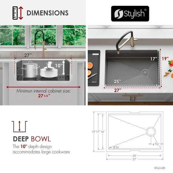 STYLISH 27 inch Stainless Steel 16G Workstation Sink Dura-Tek Finish