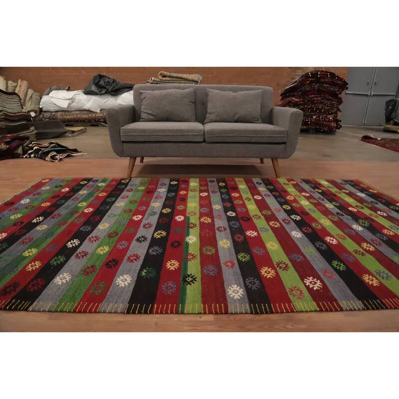 Hand Woven Oriental 100% Wool Carpet Southwestern Tribal Multi-Colored Kilim Area Rug - 9' 8'' X 5' 5''