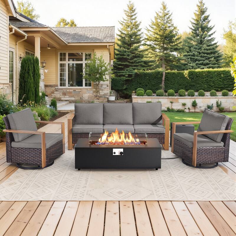 Meyreso Wicker Outdoor Patio Fire Pit Set with Swivel Gliders & 4.5-Inch Olefin Cushions