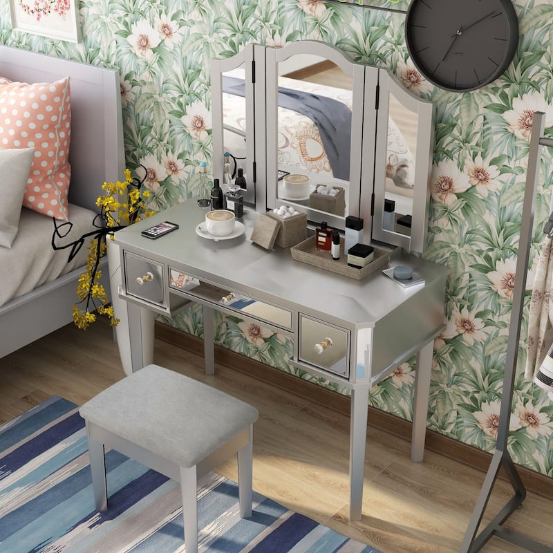 Furniture of America Doa Glam Solid Wood 3-Piece Makeup Vanity Set with Tri-fold Mirror