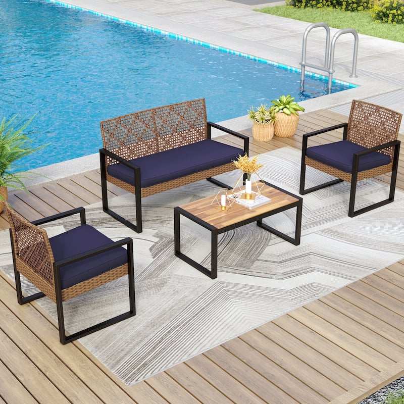 4-Piece Patio Furniture Wicker Outdoor Bistro Set, All-Weather Rattan Wood Conversation Set with Soft Cushions by Havenside Home