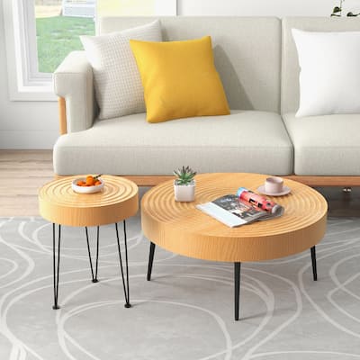 Farmhouse Round Coffee Table Set of 2 End Table Natural Finish