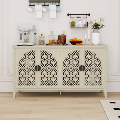 Roomfitters 4-Door Sideboard Buffet Cabinet, Carved Storage Cabinet with Adjustable Shelf, Natural