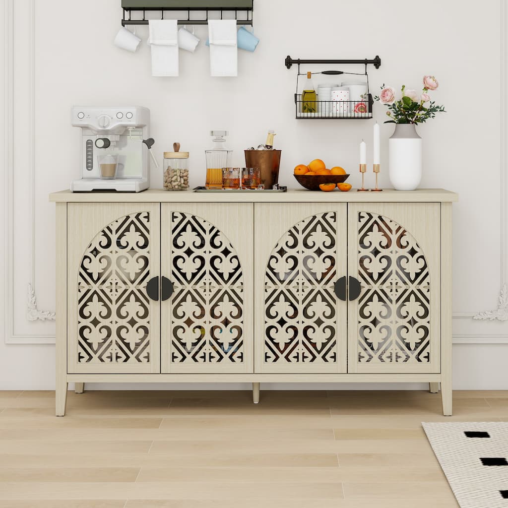 Roomfitters 4-Door Sideboard Buffet Cabinet, Carved Storage Cabinet with Adjustable Shelf, Natural