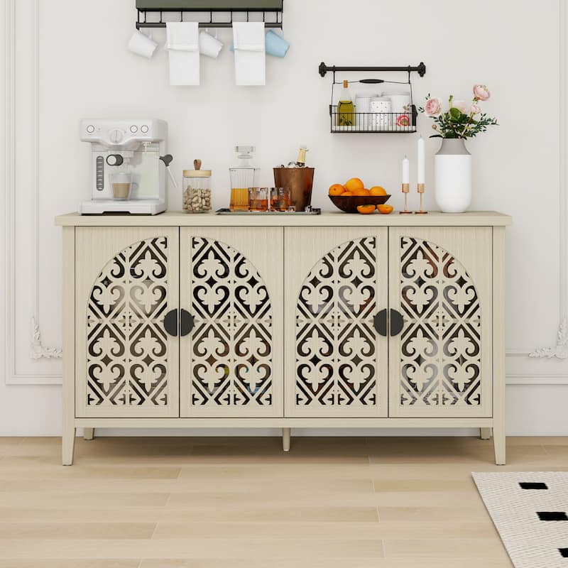 Symmetrical Carved Buffet, Storage Cabinet with Adjustable Shelves, Hollowed-out Accent Cabinet with Wood Feet
