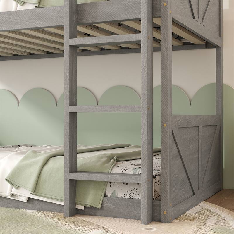 Twin over Twin Floor Bunk Bed w/ Headboard,Footboard,Safety Guardrails