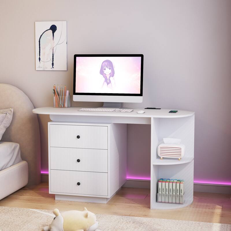 Modern Home Office Table,Expandable Desk with Storage Drawers & Open Shelf,Computer Desk with Hutch & Bookshelf