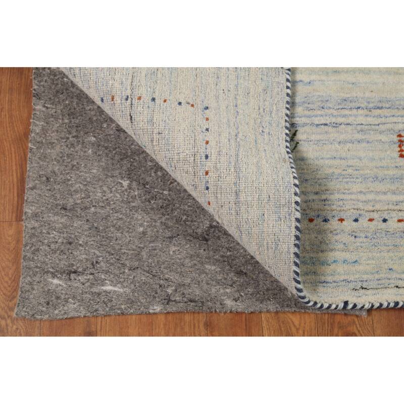 Ivory & Blue Striped Gabbeh Accent Rug Hand-Knotted Wool Carpet - 4'0"x 5'9"
