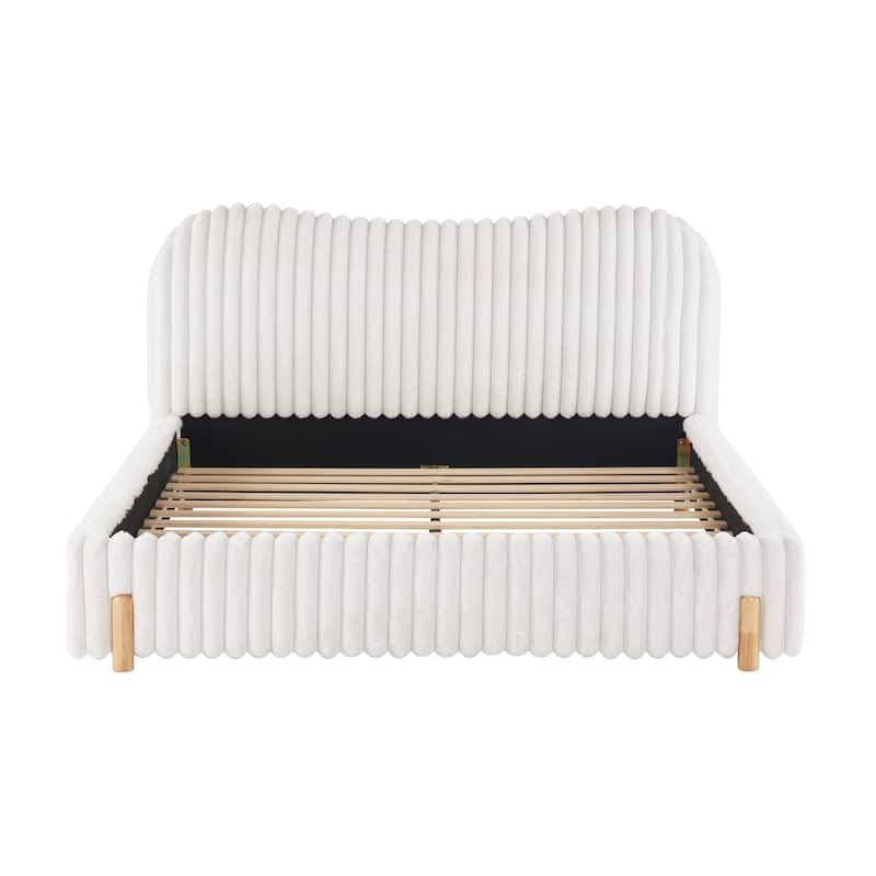 Boucle Upholstered Bed, Platform Bed Frame with Wavy Headboard, Low-Profile Grounded Bed with Vertical Stitching