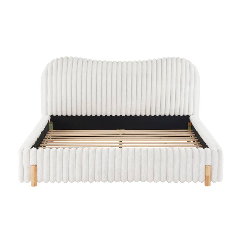 Queen Size Bed, White Boucle Vertical Stitching Bedframe, Upholstered Frame Bed Low Profile Grounded Bed with Wavy Headboard