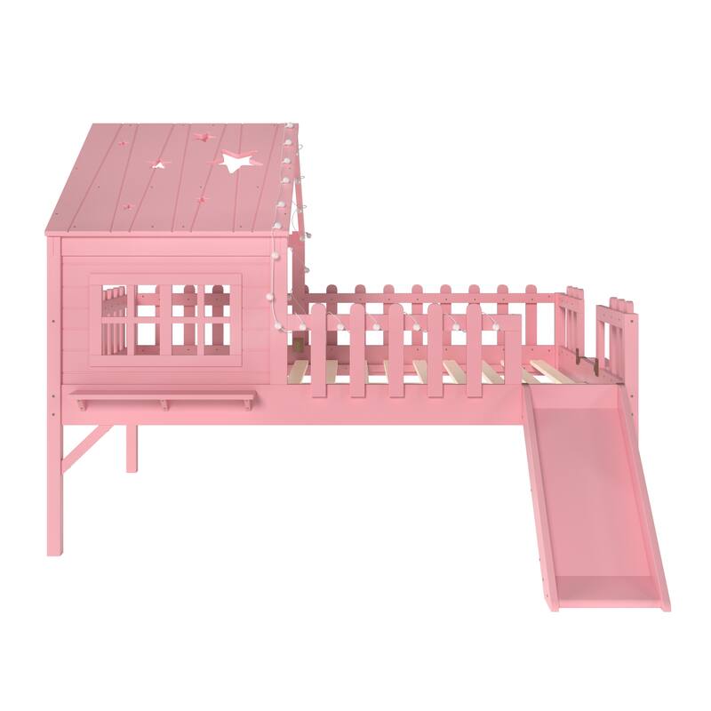 House Loft Bed with Slide and LED Lights, Kids Playhouse Bed with Star & Moon Cutout Roof and Window, Low Loft Bed