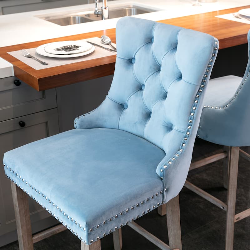 Contemporary Velvet Upholstered Barstools with Button Tufted Decoration and Wooden Legs