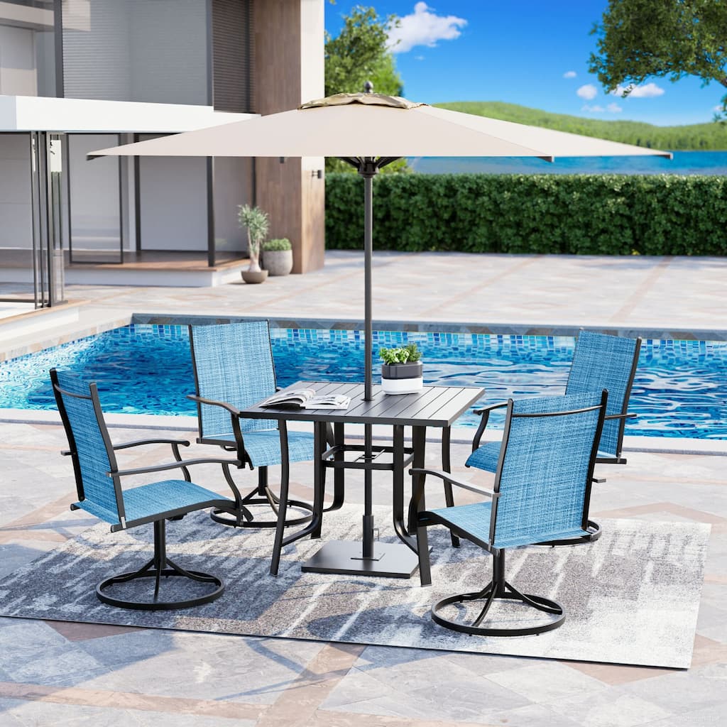 Outdoor Dining Set with 360-Degree Swivel Rocking Chairs, Textilene Seats Ultra-Comfort Patio Furniture w/Umbrella Hole
