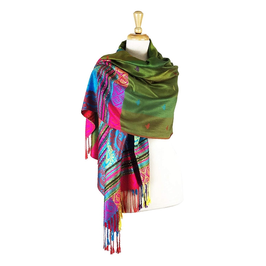 Paskmlna Double Side Rainbow Silky Tropical Colorful Exotic Pashmina Wrap Shawl Scarf