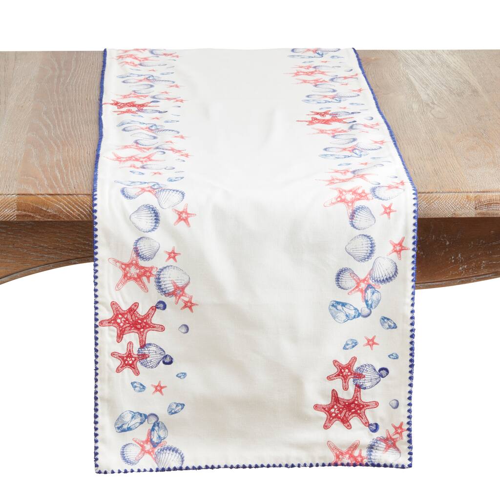 Printed Coastal Shell & Starfish Table Runner - Non-Reversible Cotton Table Runner for Dining Tables, 16"x72"