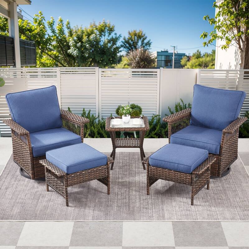 Outdoor Glider Chair with Soft Cushion - Brwon Wicker Blue Cushion - 5PCS Glider Chairs Table with Ottoman