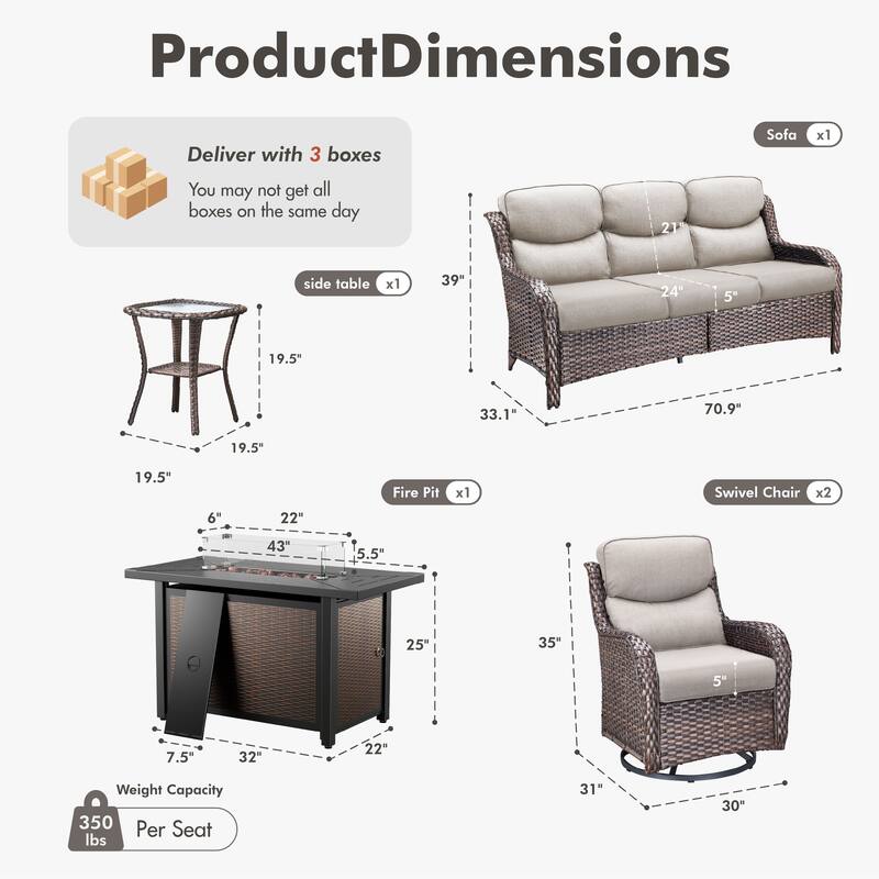 Meyreso 5-Piece Outdoor Patio Metal Fire Pit Wicker Conversation Set with 5-Inch Thick Olefin Cushions