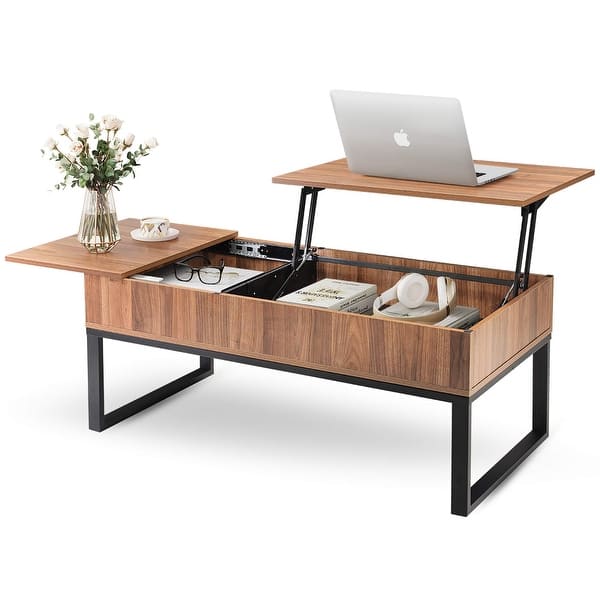 slide 2 of 16, Wood Lift Top Coffee Table with Hidden Storage Compartment, Side Drawer and Metal Frame, Lift Tabletop Dining Table for Home,