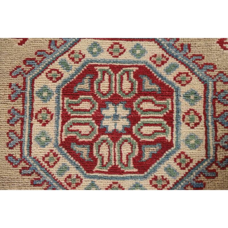Hand Knotted Oriental 100% Wool Carpet Traditional Geometric Beige & Ivories Kazak Runner Rug - 12' 8'' X 2' 10''