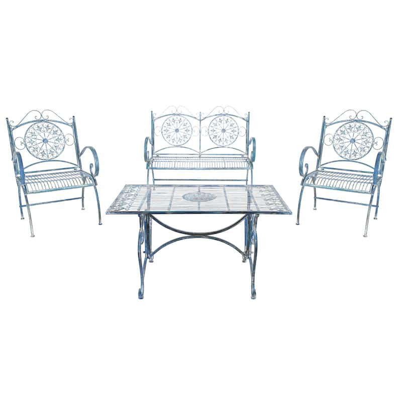 SAFAVIEH Outdoor Nyasia Victorian Scroll Iron 4-Piece Patio Set - 45W x 39D x 22H - Antique Blue