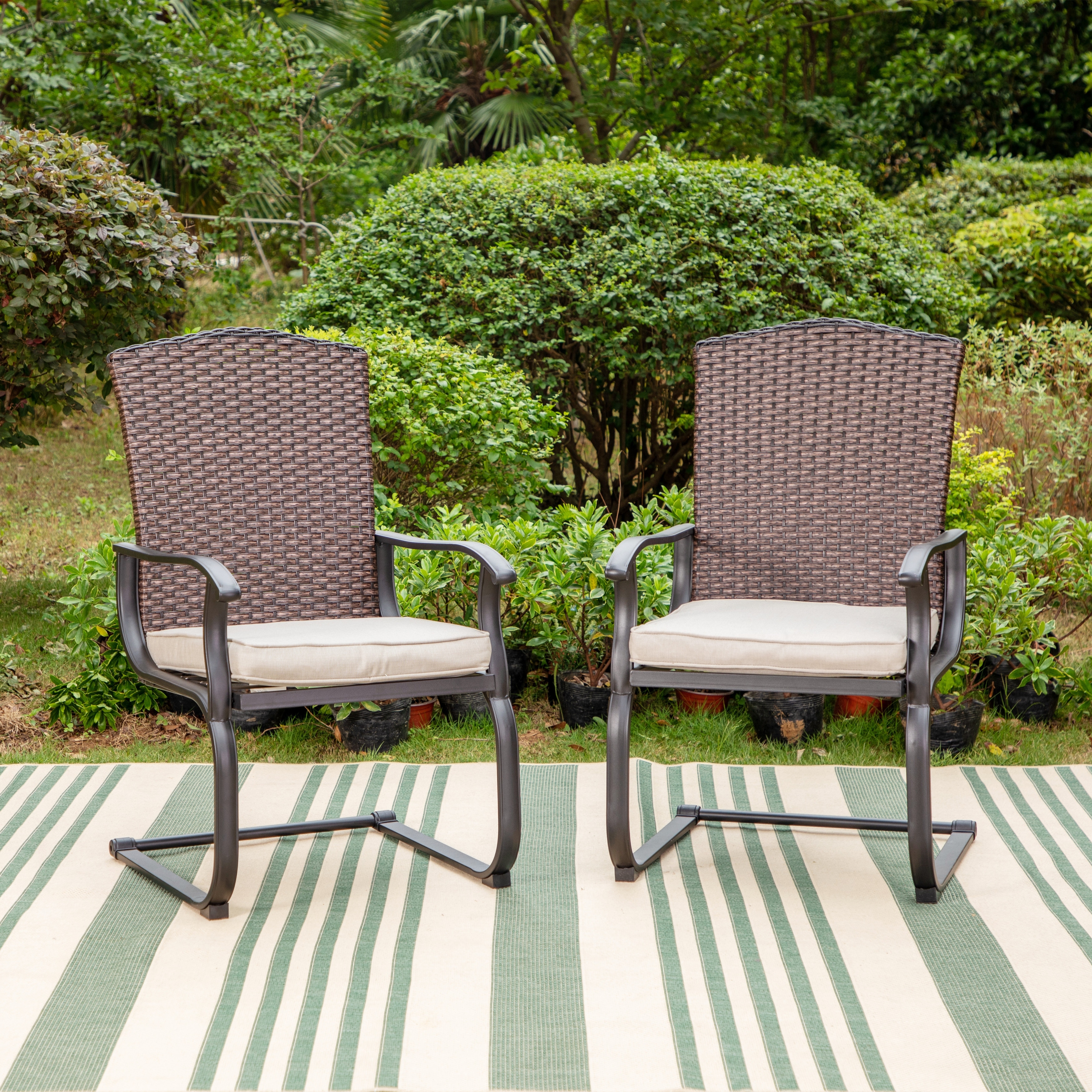 Patio Rattan Wicker Dining Chair C Spring Slightly Rocking Chair with Cushion,Set of 2/4/6