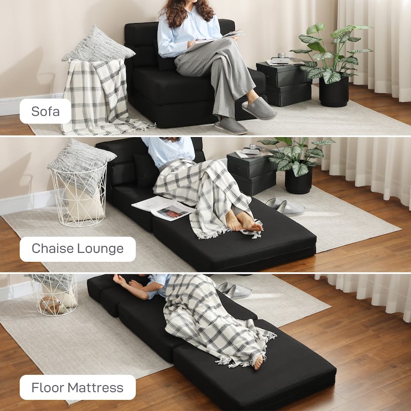 HOMCOM Folding Sofa Bed, Sleeper Chair with Pillow, Modern Linen Convertible Chair Bed, Fold Out Floor Futon Couch