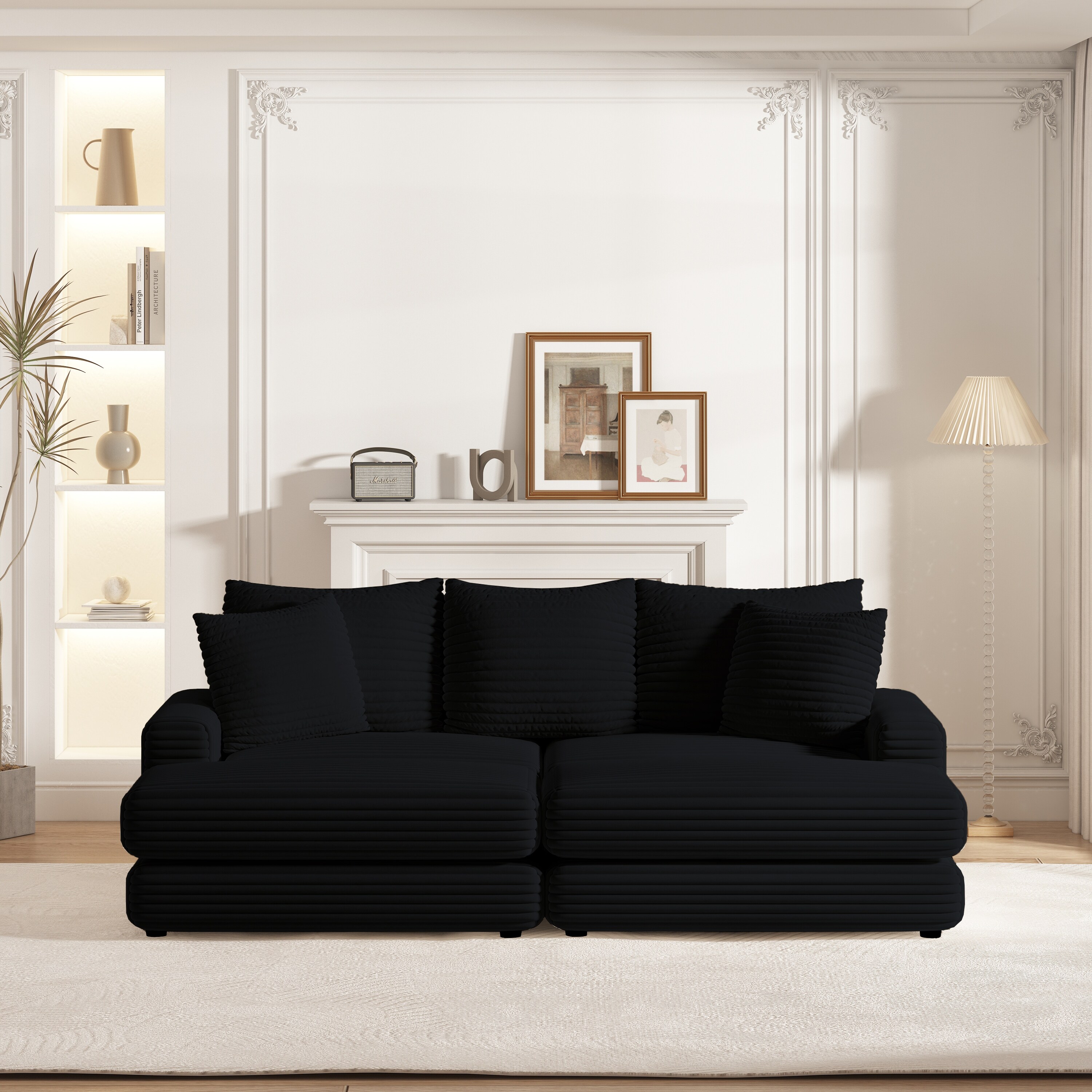 Lazy Sectional Sofa Zen Chair Sets 3-seat Black Corduroy Couch