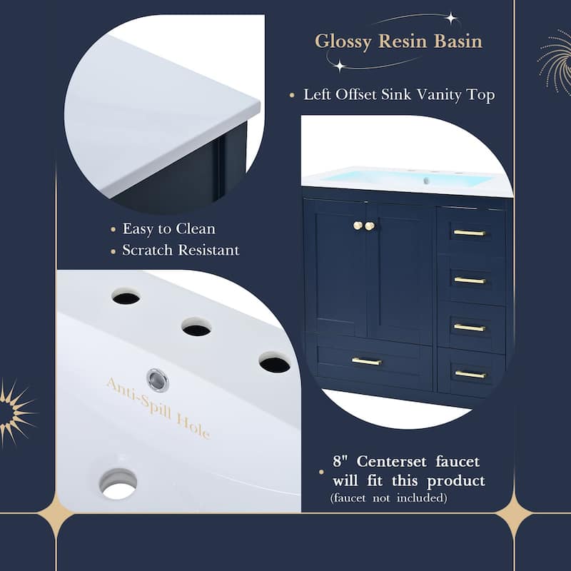 36 inch MDF Freestanding Bathroom Vanity Set in Blue with Integrated Resin Sink - 36'' x 18'' x 34''