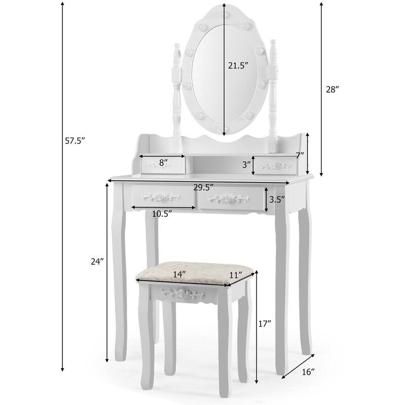 Gymax Makeup Vanity Dressing Table Set w/10 Dimmable Bulbs Cushioned - See Details