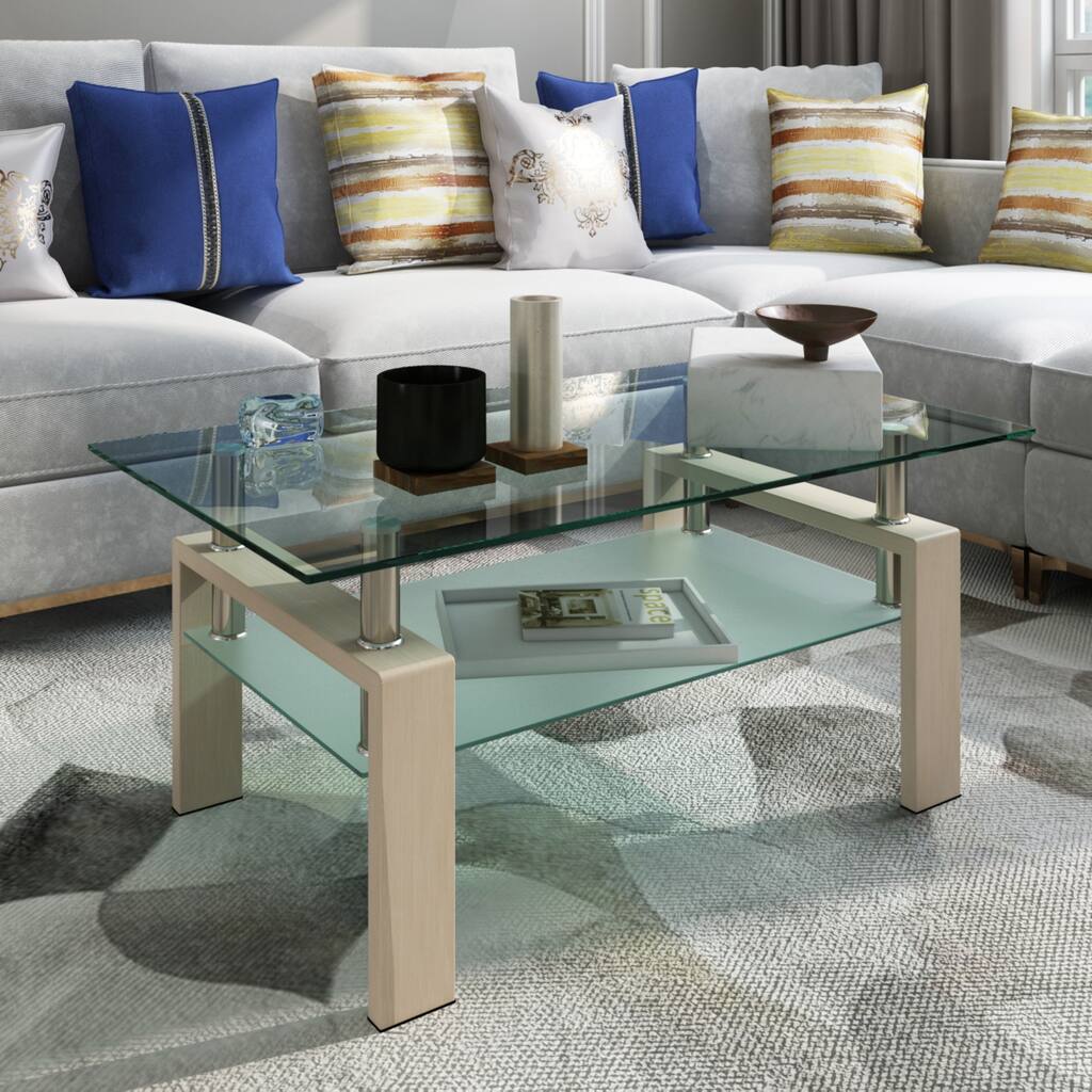 Rectangle Oak Glass Coffee Table, Clear Coffee Table，modern Side Center Tables For Living Room， Living Room Furniture