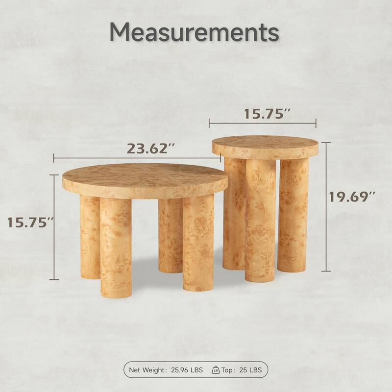 COZAYH Farmhouse Round Nesting Coffee Table Set of 2, Modern Rustic Pillar-Leg Accent Tables with Burl Wood Finish