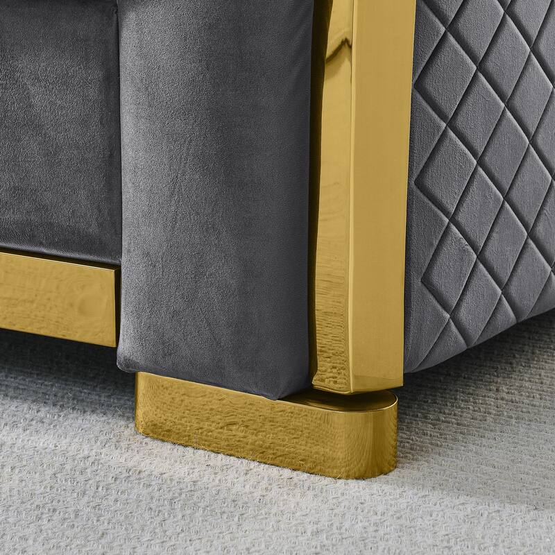 Luxury 84-Inch Tufted 3-Seater Sofa with Golden Stainless Steel, Grey Fabric for Living Room